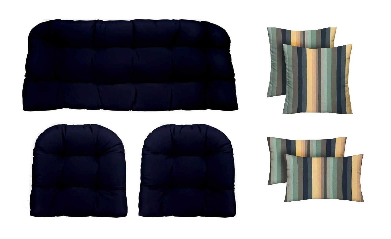 RSH Décor Indoor Outdoor 7 Piece Tufted Wicker Cushion Set + Pillows, (Standard, Navy Blue + Braymont Grey Blue Stripe)