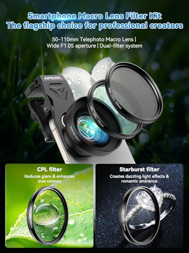 Image of APEXEL 100Ultra Macro Lens with CPL Starlight - Enhanced Version Smartphone Lens for iPhone, Samsung, Pixel | Pro Macro Photography of Flowers, Iinsects, Jewelry, Food Details and Other Small Objects