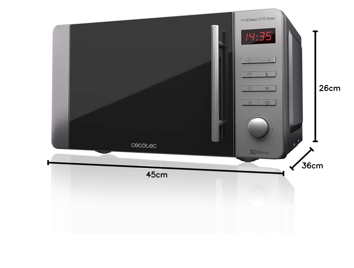 Cecotec Microondas ProClean 5110 Inox. 700 W, Grill 800 W, Capacidad de 20L, Revestimiento Ready2Clean para una mejor Limpieza, Tecnología 3DWave, Diseño Frontal y Tirador Inox