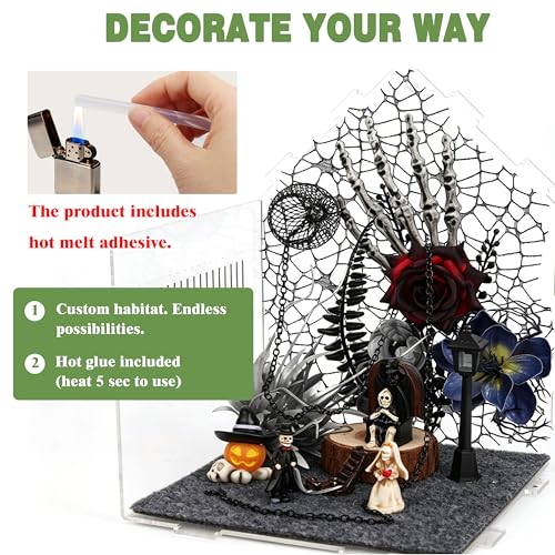 Image of Acrylic Jumping Spider Enclosure with Gothic Decor Kit | magnetic lock, feeding port, climbing wall, hide, plants, and gothic figurines