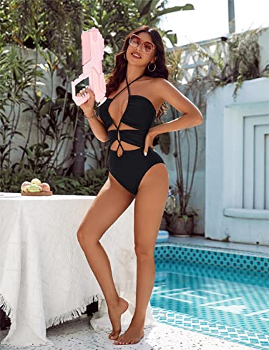 Blooming Jelly Womens Sexy One Piece Bathing Suit Cutout Cheeky High Cut Swimsuit Halter Criss Cross Monokini (Small, Black) #TOP4