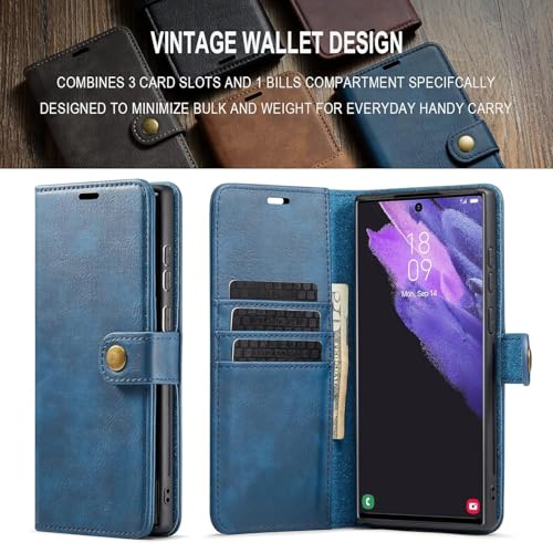 Image of Scalebee BackCover for Samsung Galaxy S23 Ultra Magnetic Detachable 2 in 1 Split Leather Wallet Phone Cover,Genuine Leather Wallet Case,Magnetic Pouch Shell (Blue)
