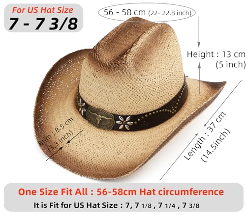 Image of Straw Cowboy Hat, Western Cowgirl Hat, Wide Brim Sun Beach Hat for Men and Women