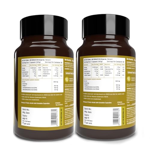 Image of hk vitals Omega 3 Fish Oil Supplement (60 Capsules Each, Pack of 2) | 1000mg Omega 3 with 180mg EPA and 120mg DHA | For Brain, Heart, and Joints Health