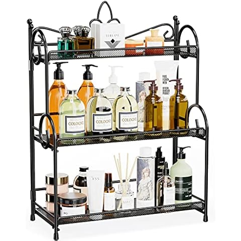 EKNITEY Kitchen Countertop Storage Organiser - 3 Tier Folding Bathroom Counter Organisation and Storage for Spice, Makeup Black Cover
