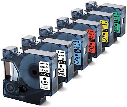 Unistar Replacement for DYMO D1 12mm Color Set LabelManager 160 Tape, Refills Dymo D1 Label Tape 45010 45013 45016 45017 45018 45019 for LabelManager 160 280 420P PnP 220P 360D 450 210D, 6-Pack