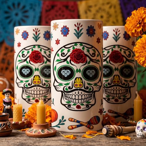 Image of Dia De Los Muertos Flameless Candles with Timer Remote 3 Pack Halloween Flameless LED Candle Battery Operated Sugar Skull Day of The Dead Decoration