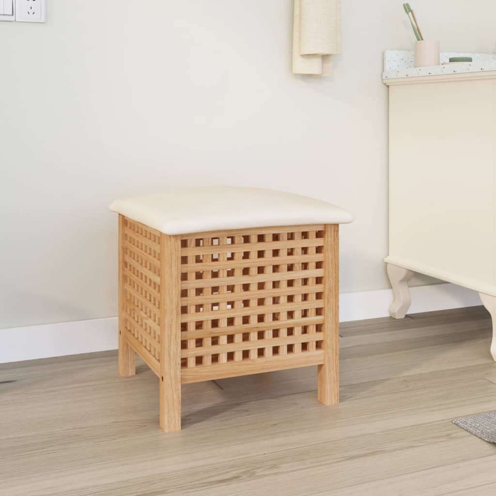 Taburete de baño de madera maciza de nogal con espacio de almacenamiento y cojín, 48 x 47,5 x 52 cm, asiento 2 en 1 y cesta para la ropa sucia con ventilación