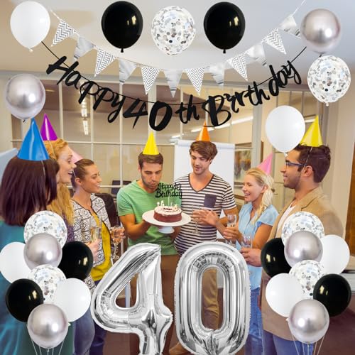 Image of 40th Birthday Decorations for Men, Black Silver 40th Birthday Balloons with Black Happy 40th Banner 40 Cake Topper Decor Number 40 Balloon for Women 40th Party Decoration