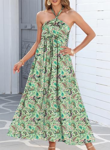 Image of Dokotoo Women's Summer Dresses Halter Neck Sleeveless Backless Flowy A Line Boho Maxi Dress