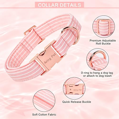 Image of ARING PET Girl Dog Collar for Puppy Small Medium Large Dogs-Pink Stripe L | Cute Female Heavy Duty Pet Collars with Metal Buckle for XS S M L XL Dogs, for City Walk Coffee Shop Visit Party Stroll