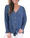 VOTEPRETTY Women's V-Neck Long Sleeves Button Down Tie Front Knot Casual Loose T-Shirt Tops(Navy,M)