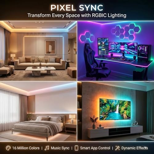 Image of Smart RGBIC LED Strip Lights 5 Meter with App Control, Music Sync, 140+ Dynamic Modes, 16 Million Colors, DIY RGB Lights for Bedroom, Gaming Room, TV, Ceiling & Home Decoration