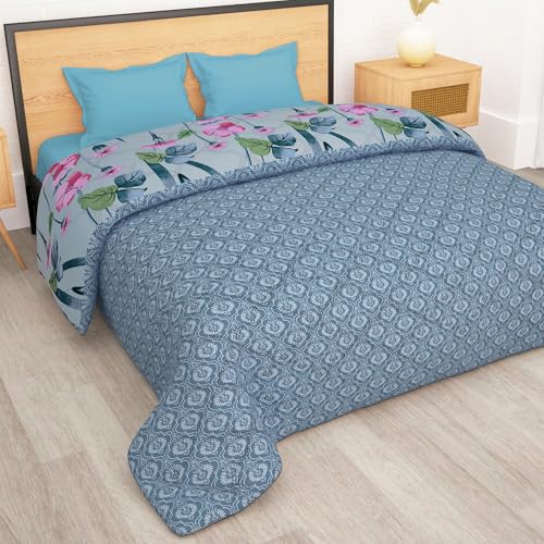 Image of Double Bed Comforter Blankets for Winter | Microfiber | 180GSM 220x250 cm | Light Blue & Pink & Houndstooth Pattern | Bedding Blanket for Winter Double Size | Dohar | Quilt | Duvet