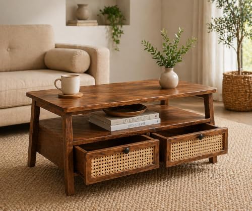 Image of Solid Wood Rectangular Small Cane Center Coffee Table with 2 Rattan Drawers Open Shelf Storage for Living Room | Tea Table Teapoy for Hall Outdoor Home Office Drawing Room Lounge Furniture | Honey