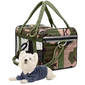 | TSA Airline Approved |Soft Sided Pet Carrier | Cat Carrier | Dog Carrier| Pets Up to 15 lbs | Leash & Luggage Strap | Camo Green Handle