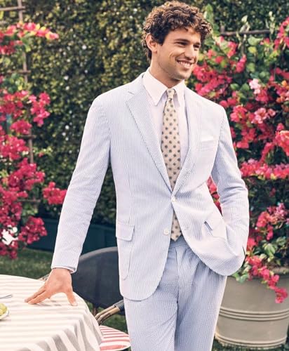 SUZHIMO Men's 2 Piece Seersucker Suit Slim Fit Wedding Groosmen Linen Suit for Men Prom Striped Jacket+Pant3