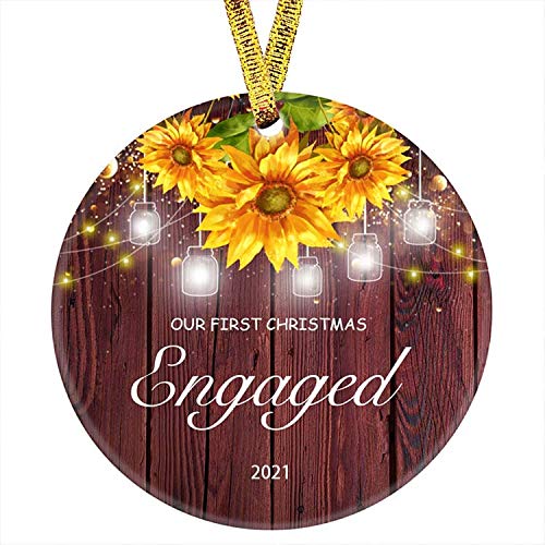 Kooer Our First Christmas Engaged Ornament 2021 Sunflower Newlyweds 3" Circle Porcelain Ceramic Wedding Ornament (Sunflower Engraved)