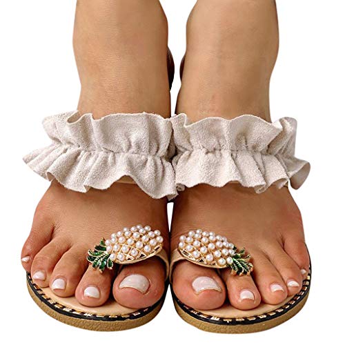 YANFJHV Sandalias de dedo para mujer, sandalias de verano elegantes, sandalias de dedos de piña con perlas, sandalias de playa, sandalias planas, bohemias, sandalias de verano, pantuflas informales al