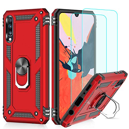 Masstimo Funda Samsung Galaxy A50, Armor Carcasa con 360 Anillo iman Soporte Hard PC y Silicona TPU Fundas Carcasas para Samsung Galaxy A50, con Protector de Pantalla (Sam A50 Rojo)