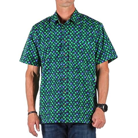 Celtic Ranchwear Men's Irish Short Sleeve Hawaiian Shamrock Button Down Shirt, Perfect for St. Patrick's or St. Paddy's Day, Green Shamrocks on Black Shirt, XXL Cover