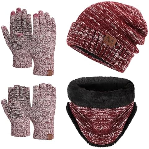 MAYLISACC 4 Pcs Winter Beanie Hat Scarf Glove Set for Men Women Tech Touchscreen Gloves & Fingerless Gloves for Cold Weather Red Cover