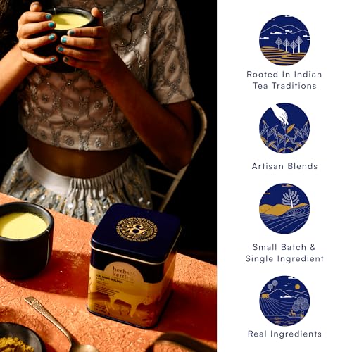 Image of Herbs & Kettles Calming Golden Turmeric Latte | Caffeine-Free Blend with Turmeric, Ashwagandha & Spices | 25-30 servings | Ayurvedic Drink for Warming, Soothing & Wellness | Golden Latte Mix, 1.76 oz | Enjoy Hot or Iced