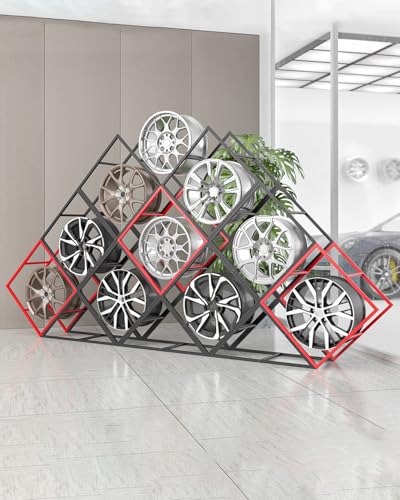 ZIMGOD 9pcs Tyre Rim Display Rack with 3 Bases, Stackable Car Wheel Rims Shelf Organizer, Heavy Duty Multi Tire Rim Stand for Garage Repair Shop Warehouse