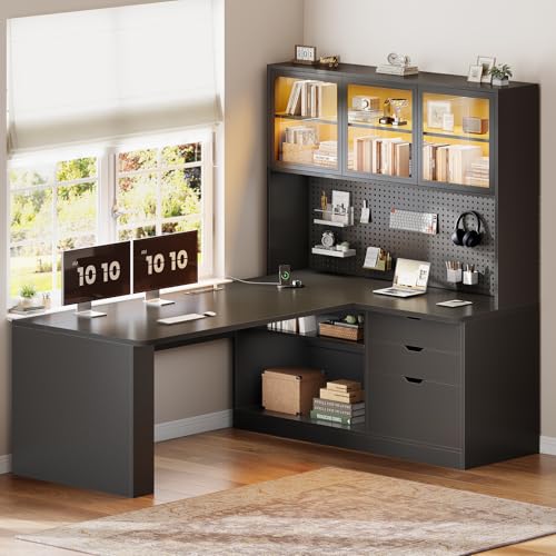 Image of SEDETA L Shaped Corner Gaming Desk with 3 Wood Drawer and Large Bookshelf