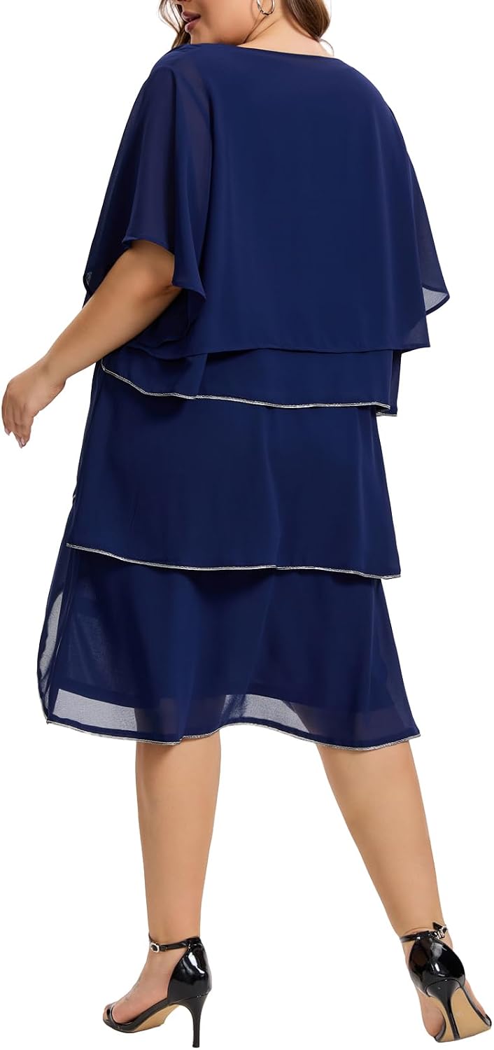 Plus Size Mother of the Bride Chiffon Dress with Jacket Crisscross Layered Design 2 Piece Wedding Guest Formal Outfit