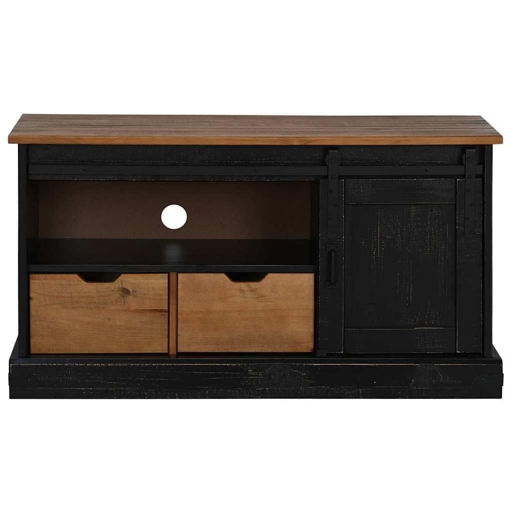 Mobile Porta TV HALDEN Nero con Anta Scorrevole in Legno Massello di Pino e Metallo 110x40x60 cm con Due Cassetti e Ripiani per Soggiorno, Camera, Consolle, Supporto TV, Scaffale, Credenza