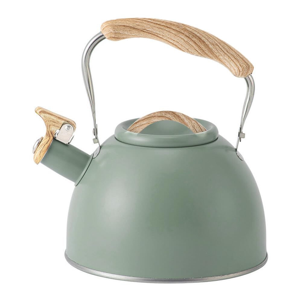 Uposao Bouilloire Sifflante Induction 3L INOX Théières avec Sifflet D'Avertissement Théière Design Vintage avec Poignée Bois pour Cuisinière, Bouilloire Gaz, sans BPA, pour Thé, Café, Vert Clair