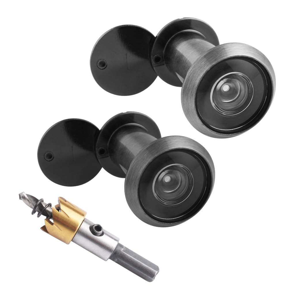 Tahikem 2 Set Door Viewer Peephole, Door Viewers with 0.63inch/16mm Drill Bit Kit, Fits 1-3/8" to 2-1/4" Front Door, 200° Wide Angle Peep Eye Hole, Anti Peeping Reverse Privacy Covers - Titanium Gray