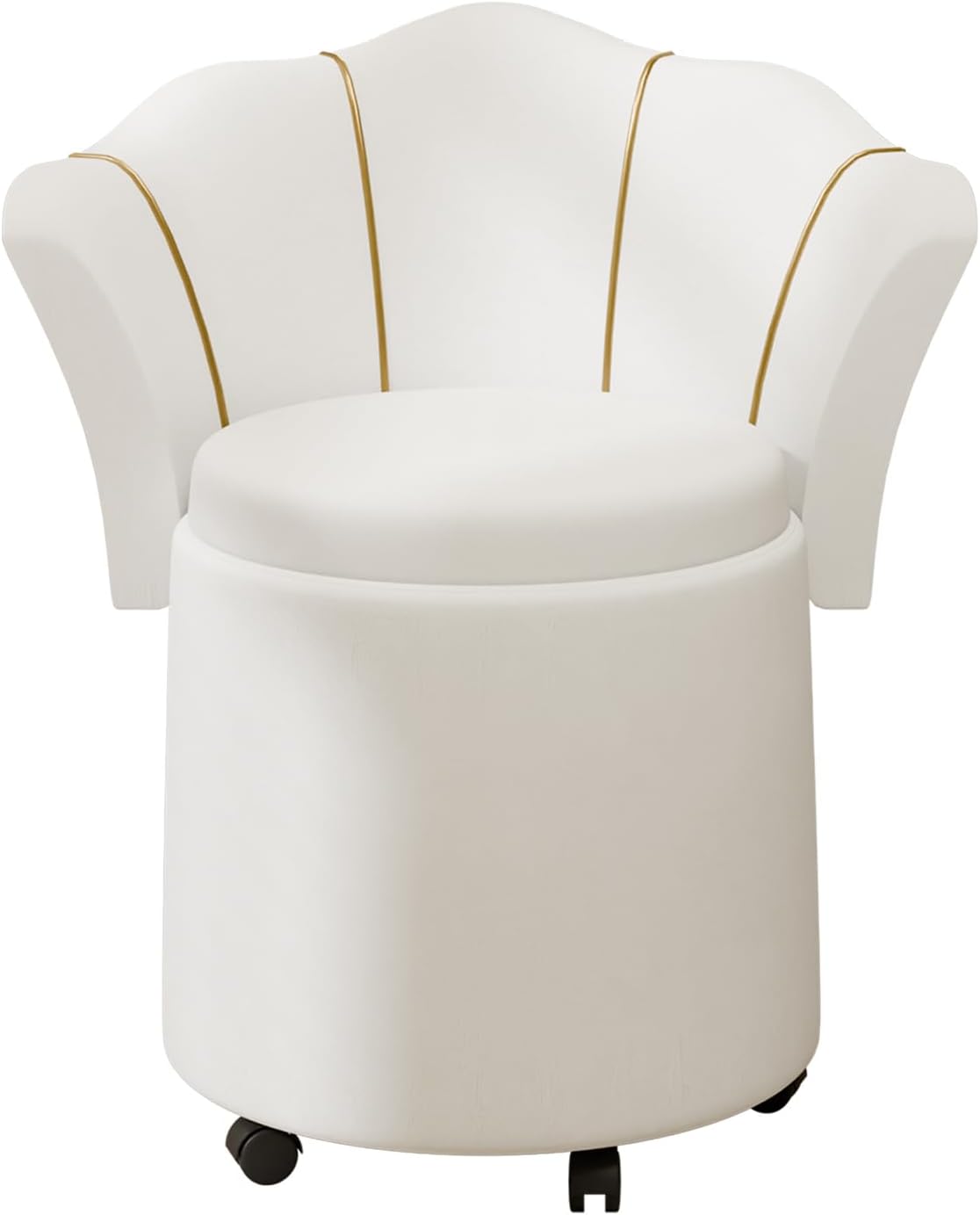 Vanity Chair,Makeup Storage with Backrest,Upholstered Dressing Chair,Swivel Rolling Wheels,Makeup Stool Seating for Bedroom,Modern Make Up Chairs for Girls,Women (White)