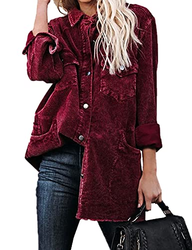 Flygo Women's Corduroy Jackets Button Down Long Sleeve Casual Shacket Washed Retro Coats Outwear