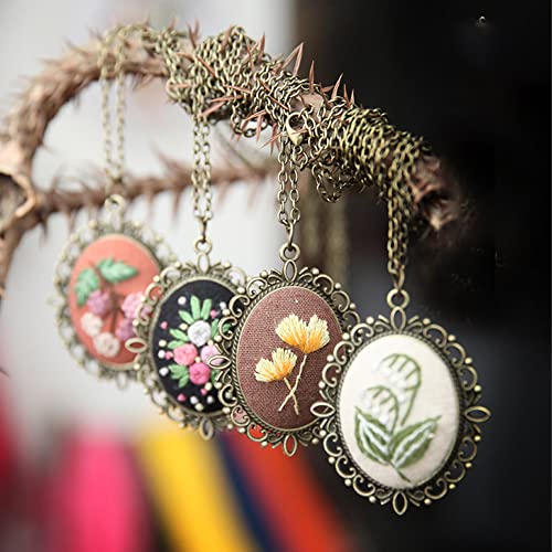 Image of levylisa Embroidery Beginner Kit 3 Patterns Embroidery Starter Kit with Hoop Embroidered Stitching Necklace Pendants Floral Plate Jewelry Necklace for DIY Art Crafts Sewing and Hanging(Type 2)