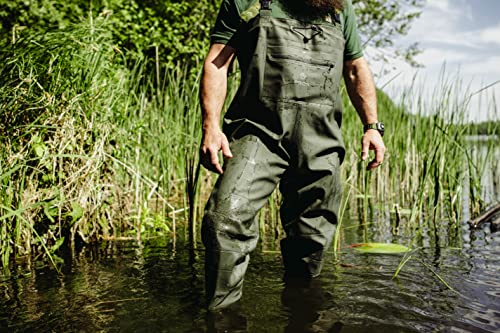 Foto von Wathose Hosenträger Prämie Waders verstellbare Hochwasserhose wasserdicht Hose Regenhose Angeln mit Tasche Stiefel Freizeit Watstiefel (44, Olive (Premium))