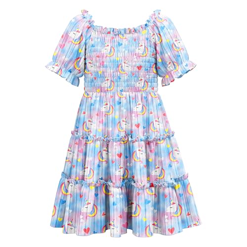 LQSZ Girls Summer Smocked Dress Short Sleeve Ruffle Dresses Casaul Printed A-line Sundress for Toddler 3-12 Years