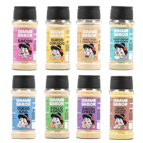 Gimme Sabor Caja Gourmet – 8 Sazonadores 100% Vegetales: Queso Curado, Parmesano, Sour Cream & Onion, Bacon, Bacon & Cheese, Pollo Asado, Queso Azul, Setas Trufa & Mantequilla – Sin Gluten ni Lactosa