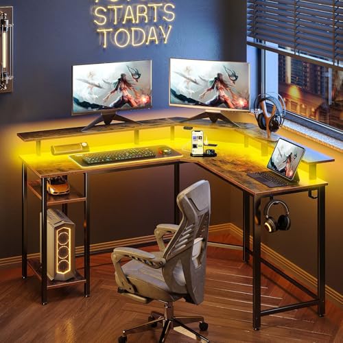 Image of Rolanstar L Shaped Gaming Desk with LED Lights & Power Outlets, 55.1 inch Computer Desk with Full Monitor Stand & Storage Shelf, Corner Desk with Hooks, Rustic Brown Desk Reversible