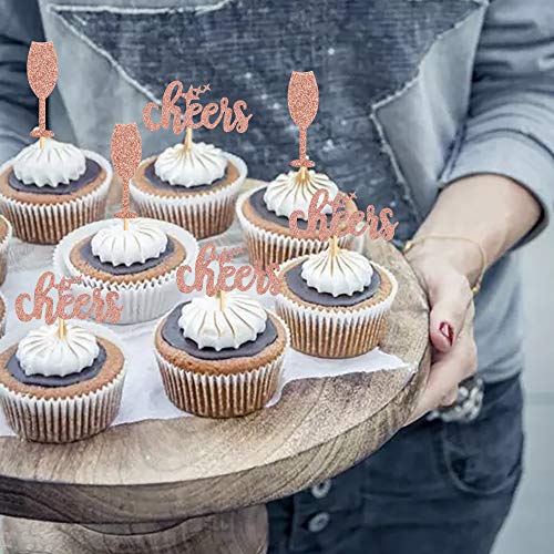 Ercadio 24 Pack Cheers Cupcake Toppers Rose Gold Glitter Champagne Glass Cupcake Picks Baby Shower Kids Birthday Wedding Anniversary Celebrating Party Cake Decorations Supplies #TOP4