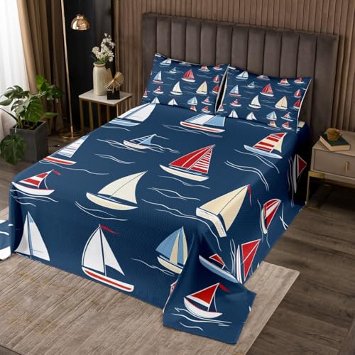 Feelyou Sailboat Coverlet Nautical Decor Bedspread Sea Adventure Quilt Set for Kids Boys Girls Children Teens Summer Holiday Bedroom Decor Ocean Marine Themed Quilted Bedroom Collection Twin Size