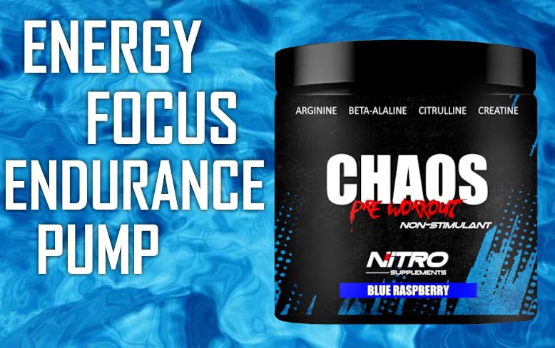 Image of Nitro Supplements - Chaos - Non Stim Pre-Workout (30 Sevings) Beta-Alanine, L-Citrulline, Arginine, Creatine, Taurine Stim-Free Non-Stimulant (30 Servings, Blue Raspberry)