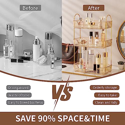 Image of Akinbas 3 Tier Bathroom Organizer Countertop Makeup Perfume Tray Skincare Organizer for Bathroom Dresser Vanity (Gold)