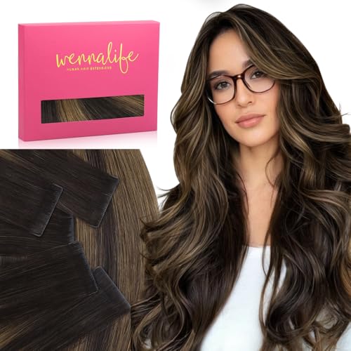 Image of WENNALIFE Invisi Edge Tape in Hair Extensions Human Hair,#2 /6 /2,14 Inch | 14 Inch 25g 10pcs Balayage Dark Brown Mixed Chestnut Brown Invisi Remy Hair tensions Seamless Injected Straight