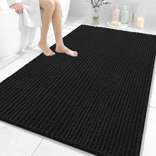 Image of OLANLY Bathroom Rug Mat 59x35, Thick Soft and Absorbent Chenille Bath Mat, Non-Slip Rubber Backing, Machine Washable Quick Dry Bath Rugs for Tub Shower Floor, Home Decor Accessories, Black