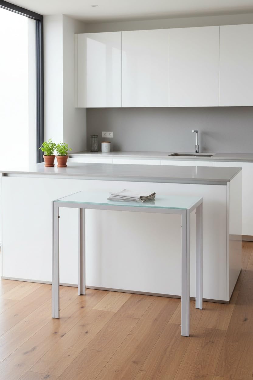 Mesa Cocina Pequeña - Medidas 80x40x75 cm. - Estructura Metálica y Cristal Templado de 6 mm. de Grosor - Mesa Estrecha de Cocina. (Blanco)