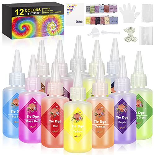 Emooqi Tie Dye Kit, 12 Textilfarben Set Farbstoff mit Gummibänder & Handschuhe usw, Batikfarben Stofffärben Set Krawattefärben Kit für Erwachsene & Kinder, Ungiftig DIY Set Cover