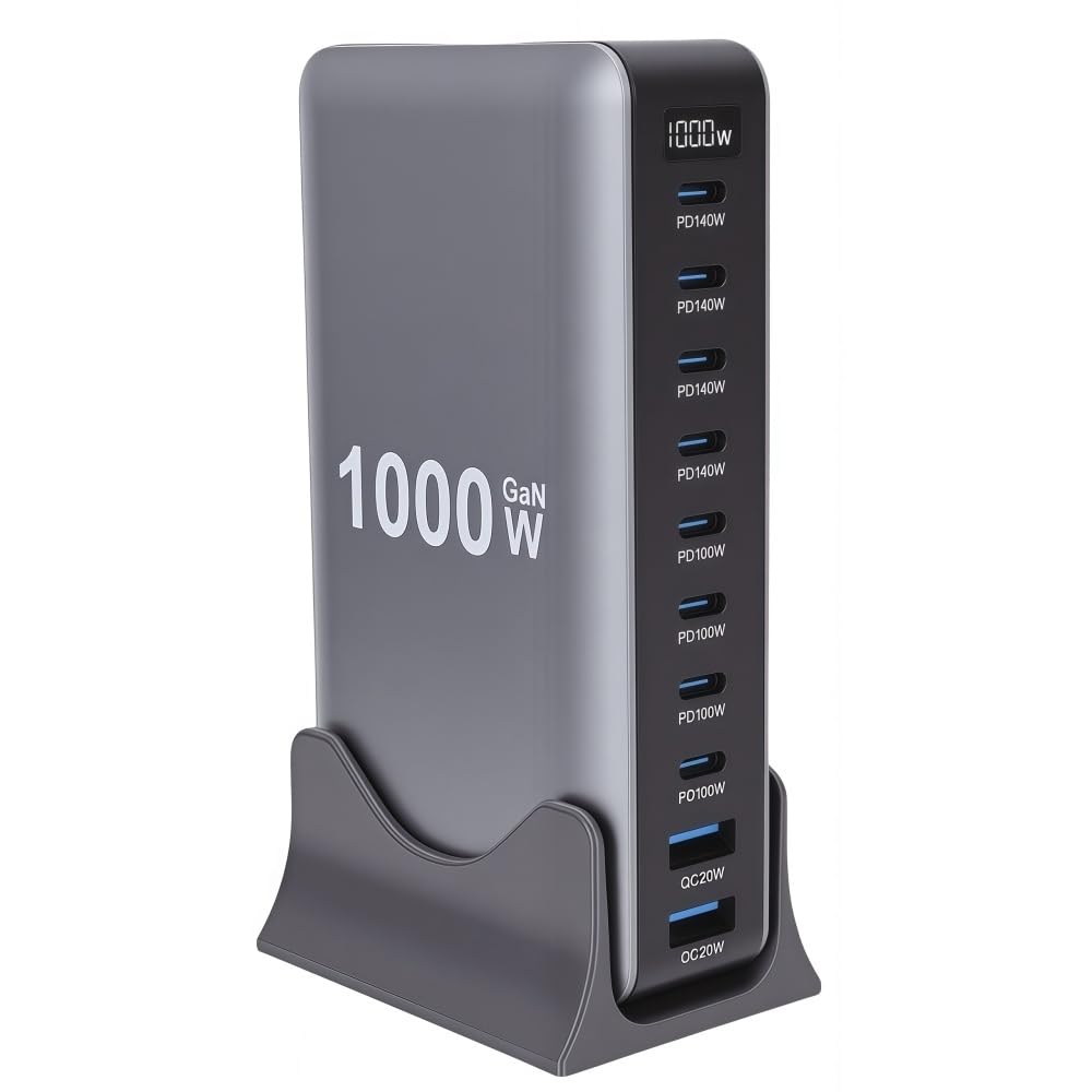 XUMIUZIY Stacja ładująca GaN III Pro USB C 1000 W, 10 PortóW Blok Szybkiego ładowania USB z 4 Portami PD/PPS 140 W i 4 Portami USBC PD/PPS 100 W, 2 Porty QC 20 W, dla urządzeń IOS i (GaN III Pro)