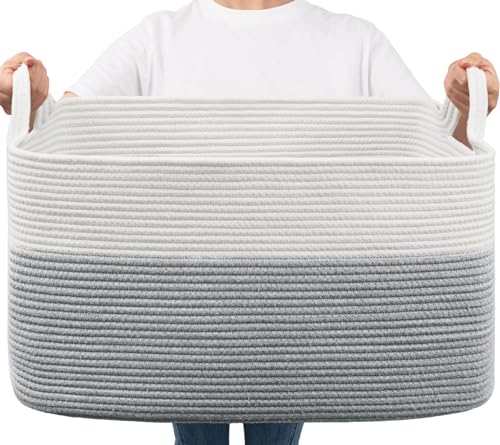 Goodpick Large Toy Storage Basket, Grey Cotton Rope Baskets Toy Storage Bin for Baby, Kids, Woven Storage Basket with Handle for Laundry, Living Room, Nursery, Bedroom, 21.6" x 14.9" x 11.8"
